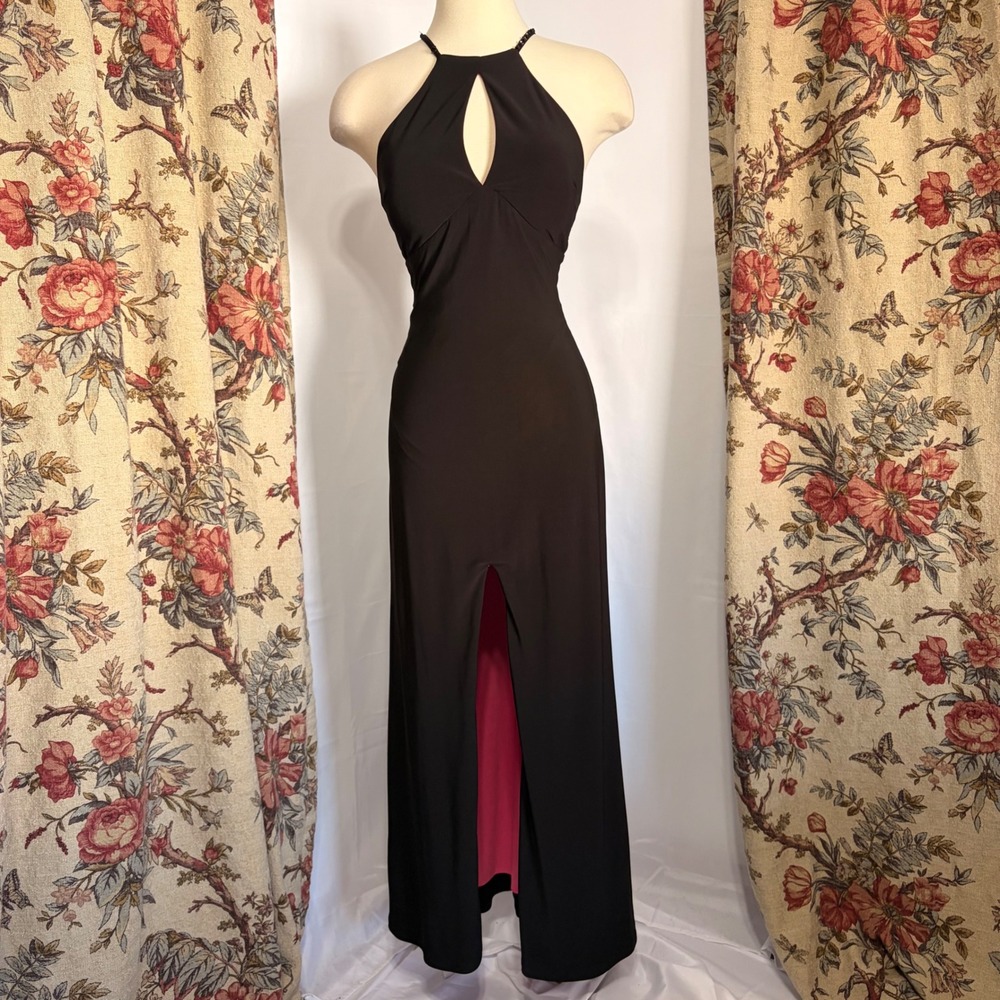 Sequin Hearts Stunning Black Halter Maxi Dress Beaded Illusion Back Pink Lining